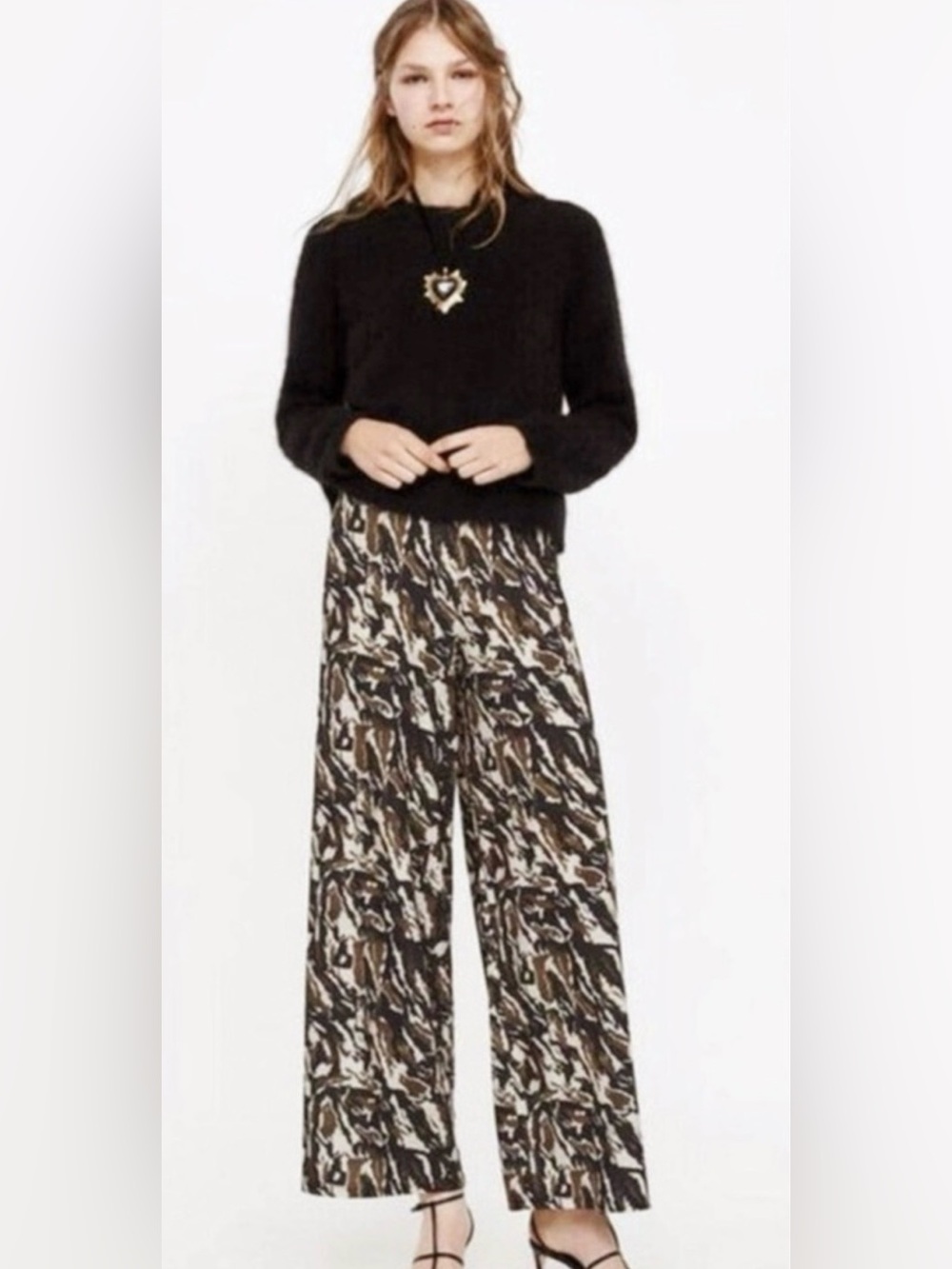 Zara Black, Brown & Cream Printed Wide-Leg Pants